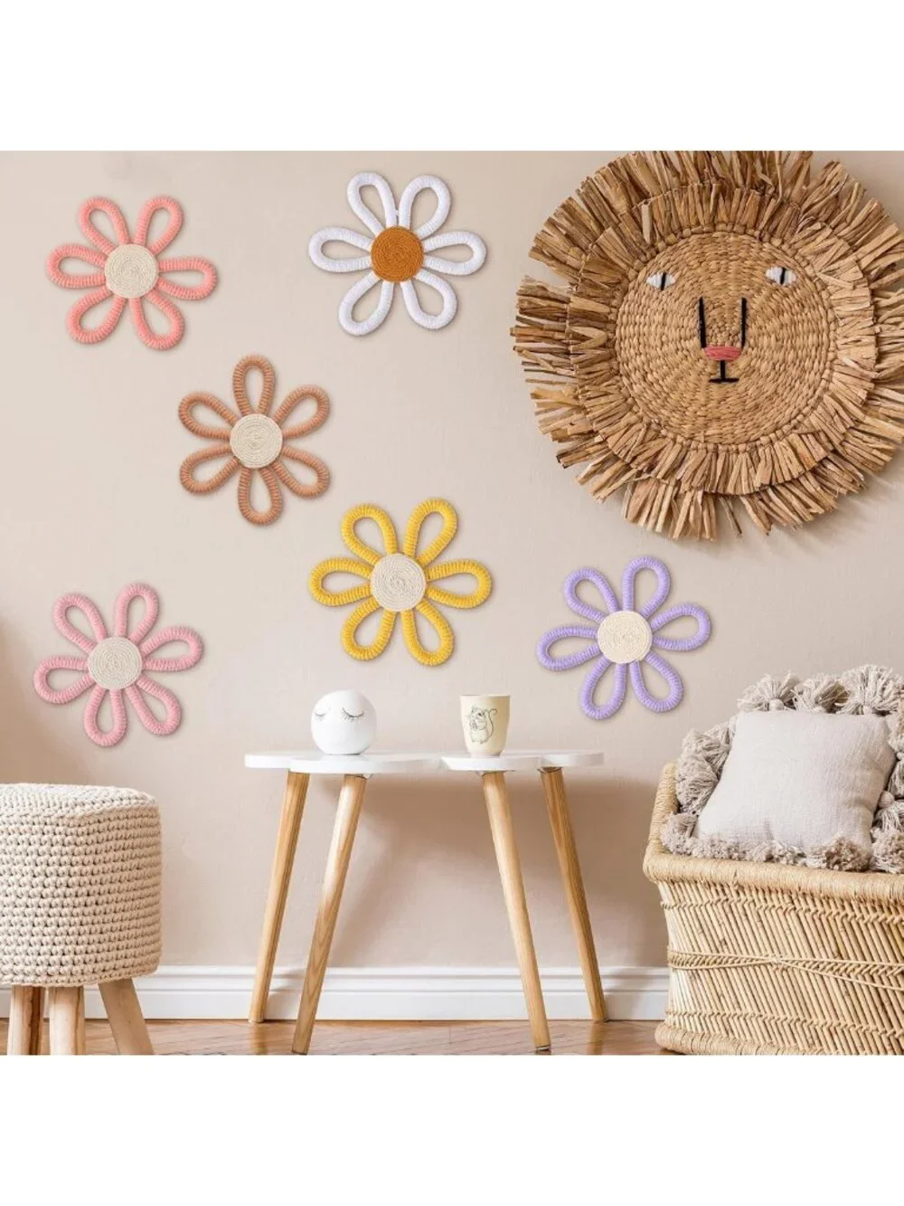 Boho Daisy Flower Wall Art - 6 Pcs Colorful Macrame Hanging Decor for Nursery